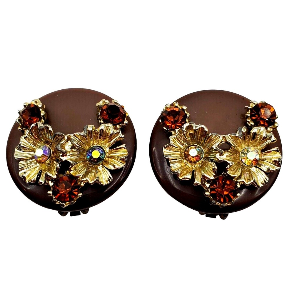 Lucite Clip On Earrings Brown Topaz AB Rhinestone Flower‎ Round Disk Vintage 60s